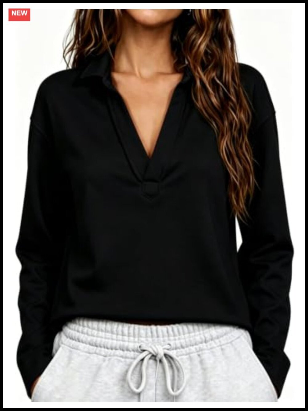 Women's V-Neck Polo Collared Sweatshirt Long Sleeve Cotton Pullover Top